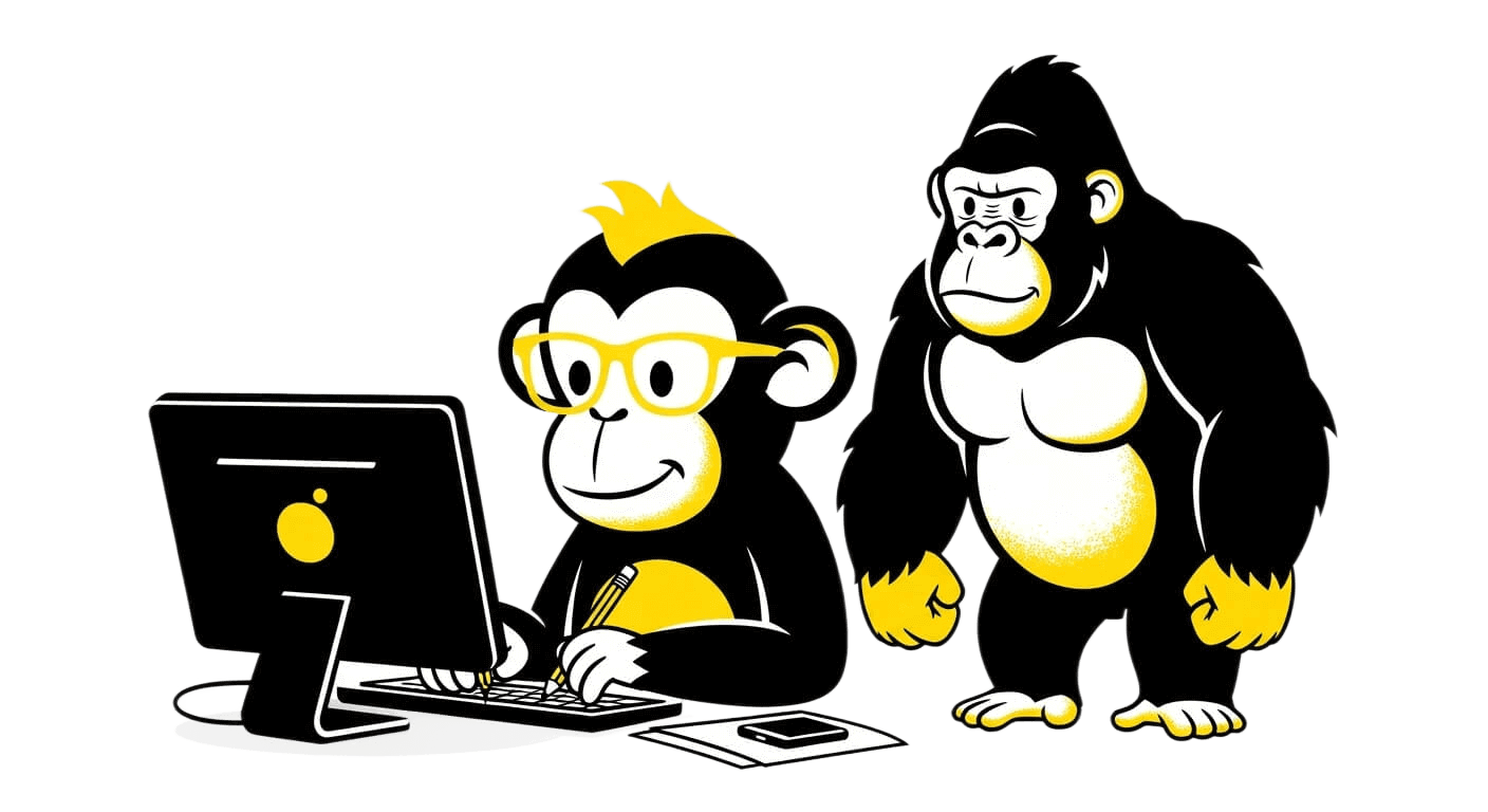 gorila y un mono diseñando en su computadora