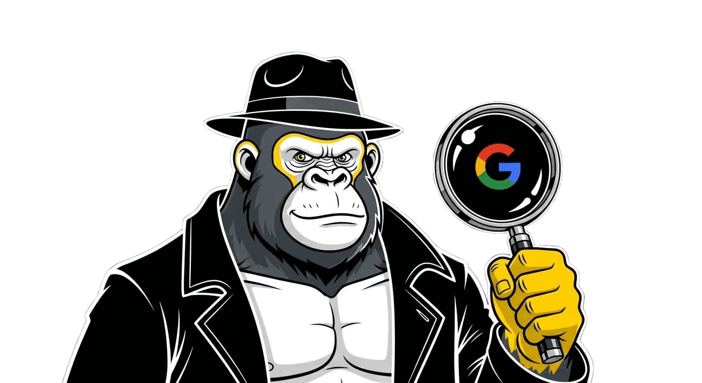 gorila con una lupa con el logotipo de google