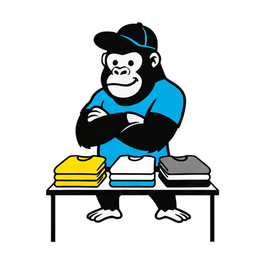 Gorila con una mesa y encima de ellas playeras