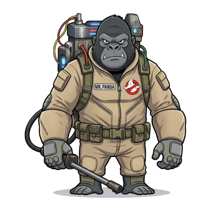 Ilustración de un gorila cazafantasmas de Gorila Lab rescatando negocios de las profundidades de Google mediante SEO salvaje en Guatemala."