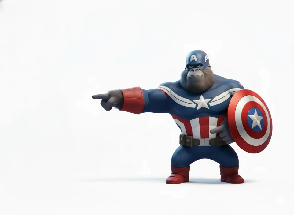 Ilustración en 3D de gorila "Capitán América" señalando, representando la seguridad y autoridad de una identidad visual bien construida.