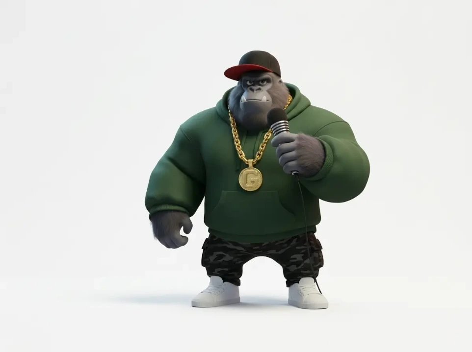 Gorila con micrófono representando la claridad y potencia del mensaje de una marca profesional.