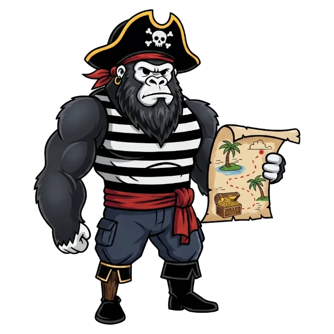 Ilustración de un gorila pirata sosteniendo un mapa del tesoro, representando la estrategia de identidad visual y el camino al éxito para negocios.