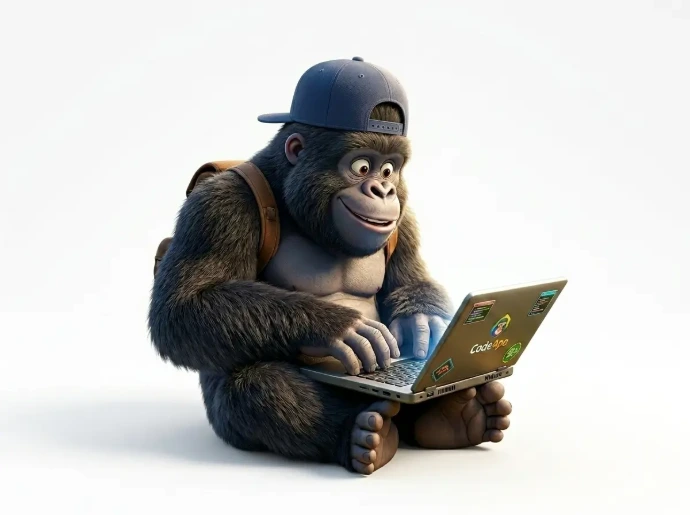 Ilustración en 3D de un gorila amigable con gorra trabajando en una computadora laptop, representando los servicios de diseño web y SEO de Gorila Lab en Guatemala.