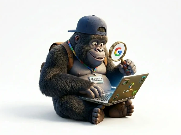Ilustración de un gorila con carné de investigador analizando una laptop con una lupa de Google, representando los servicios de auditoría y consultoría SEO de Gorila Lab en Guatemala.