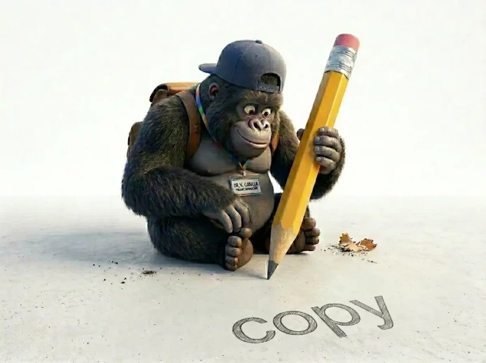 Ilustración en 3D de un gorila con mochila y gorra escribiendo la palabra copy con un lápiz gigante, representando los servicios de copywriting SEO de Gorila Lab en Guatemala.