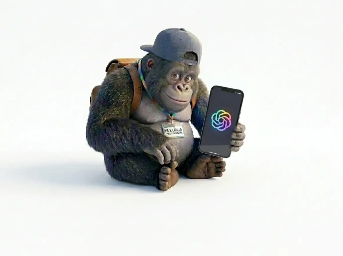 Ilustración en 3D de un gorila amigable con gorra mostrando un teléfono smartphone con el logo de inteligencia artificial, representando los servicios de optimización para motores generativos (GEO) de Gorila Lab en Guatemala.