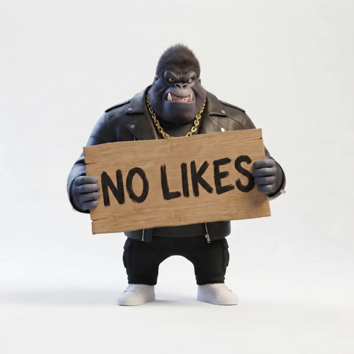 Ilustración de un gorila con un letrero que dice "Menos likes, más ventas", con el diseño web de Gorila Lab.
