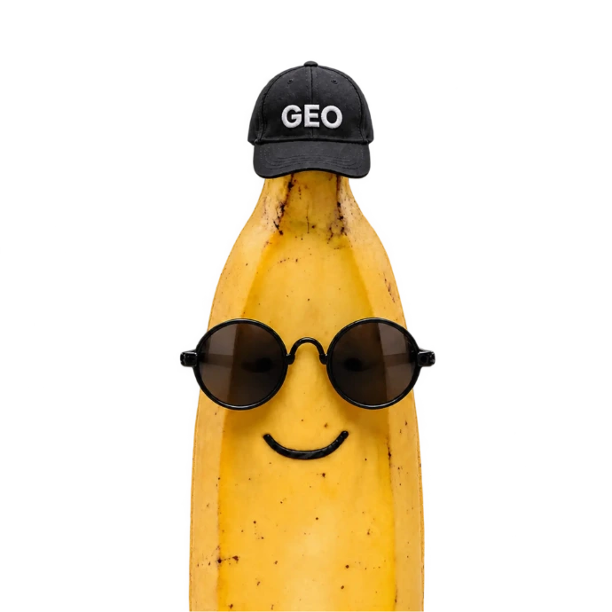 "Ilustración de una banana con gafas oscuras y gorra de GEO sobre fondo negro, representando a Gorila Lab como agencia GEO especializada en posicionamiento en motores generativos en Guatemala"